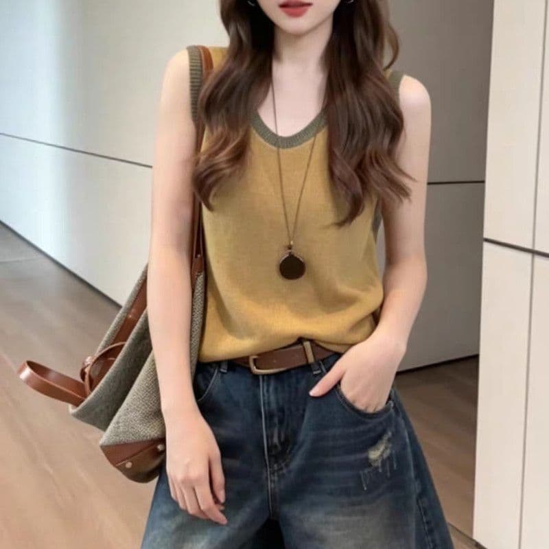 한 부서 캐주얼 바람 라운드 넥 배색 홀로우 아웃 민소매 조끼 여성 여름 새로운 슬림해 보이는 고유 한 아름다운 니트 맨위 상세 이미지 15