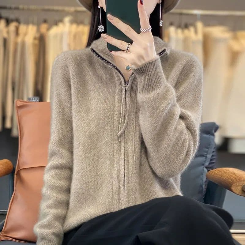 새로운 빅 사이즈 봄 가을 연령 감소 카디건 오픈 가디건 여성 품격 루즈핏 지퍼 양모 니트 스웨터 다용도 여성 코트 상세 이미지 44