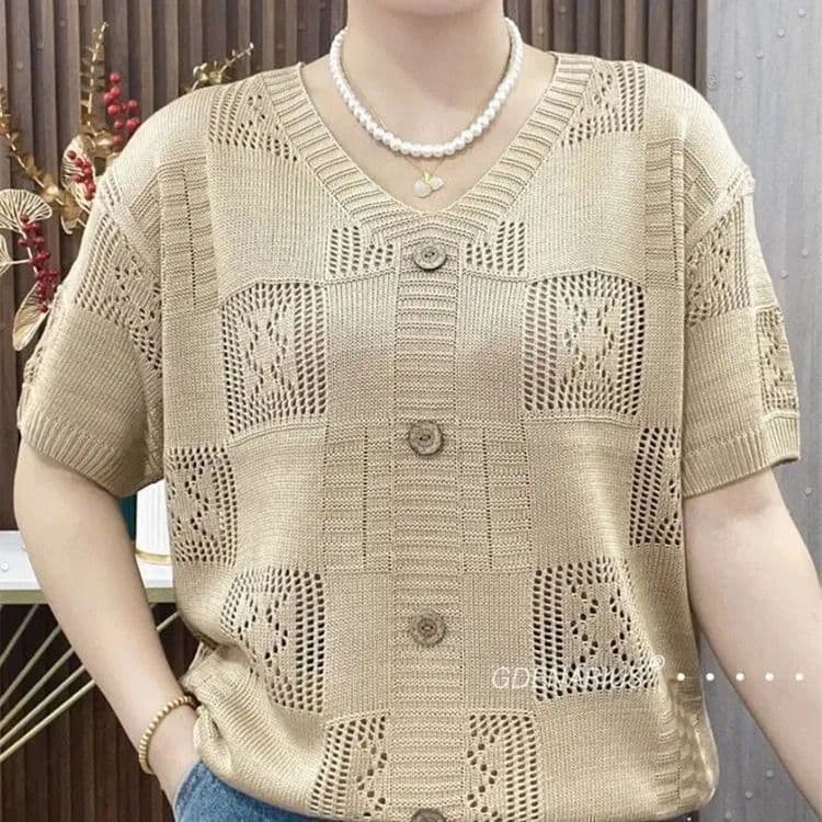 품격 V넥 슬림해 보이는 봄 여름 새로운 여성 의류 중년 니트 반팔 홀로우 아웃 작은 셔츠 빛 요리 한 연령 감소 얇은 스타일 맨위 상세 이미지 2