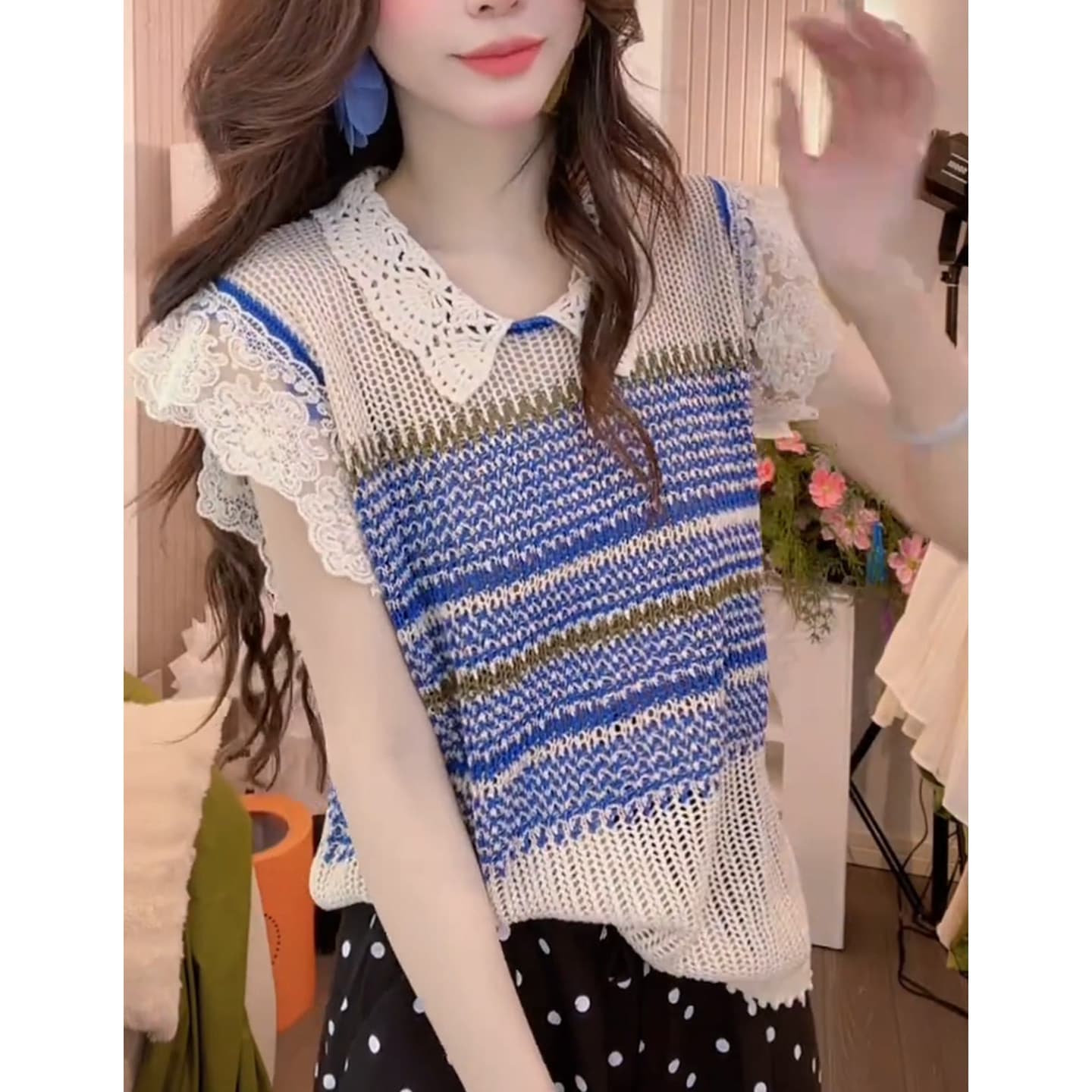 패션 레이스 조각 얼음 아마 니트 스트라이프 반팔 티셔츠 루즈핏 라운드 넥 여름 홀로우 아웃 루즈핏 맨위 여성 상세 이미지 10