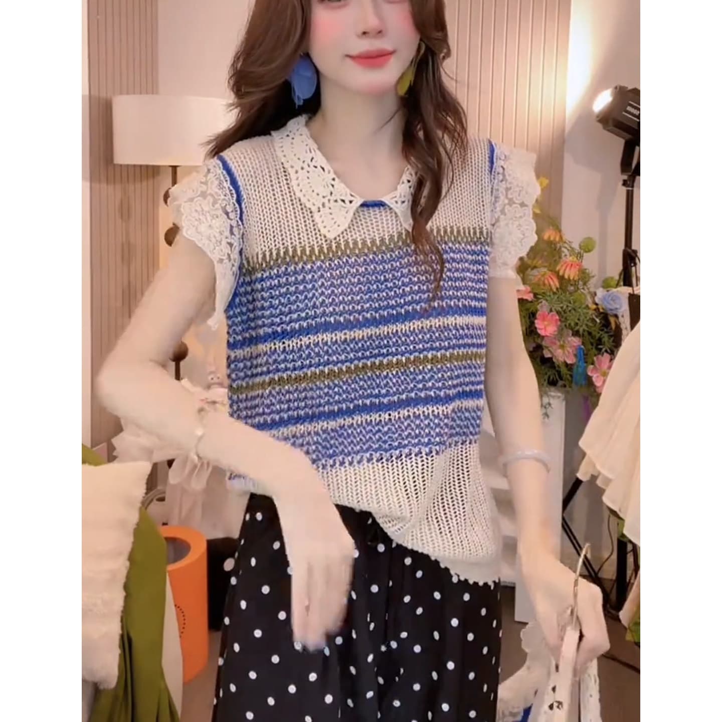 패션 레이스 조각 얼음 아마 니트 스트라이프 반팔 티셔츠 루즈핏 라운드 넥 여름 홀로우 아웃 루즈핏 맨위 여성 상세 이미지 12