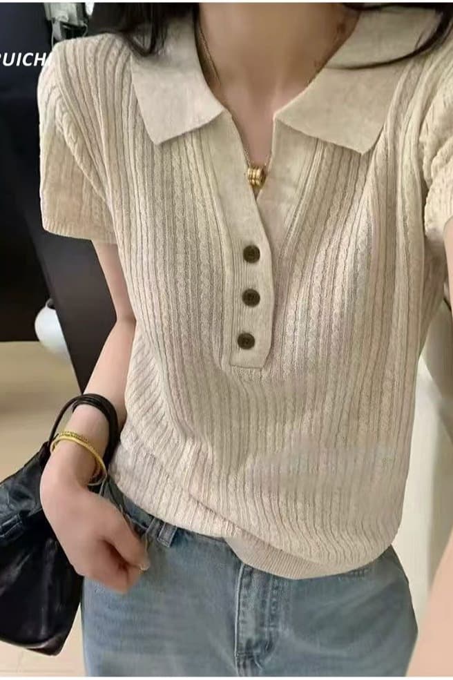 한 부서 오래된 돈 바람 여름 새로운 POLO 칼라 수직 곡물 레트로 단추 디자인 센스 얇은 스타일 주간 실크 니트 스웨터 맨위 이미지 6