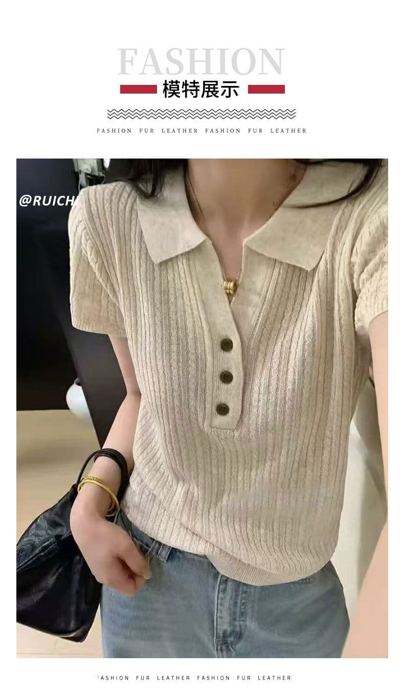 한 부서 오래된 돈 바람 여름 새로운 POLO 칼라 수직 곡물 레트로 단추 디자인 센스 얇은 스타일 주간 실크 니트 스웨터 맨위 상세 이미지 4