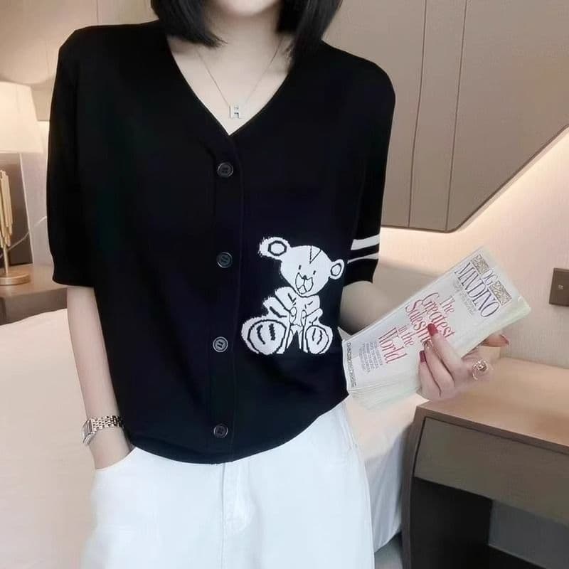 여름 신제품 작은 곰 자수 V넥 반팔 티셔츠 여성 프랑스식 얼음 실크 얇은 스타일 패션 품격 편안함 니트 오픈 가디건 상세 이미지 16