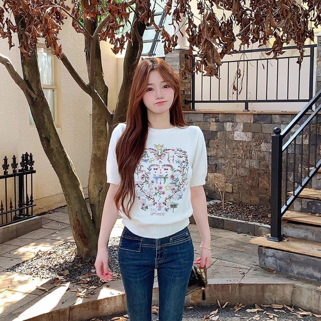 한 부서 달콤함 프린트 반팔 분위기 센스 착용 가져 가라. 새로운 얼음 실크 니트 티셔츠 여름 얇은 스타일 쇼트 스타일 맨위 여성 상세 이미지 10