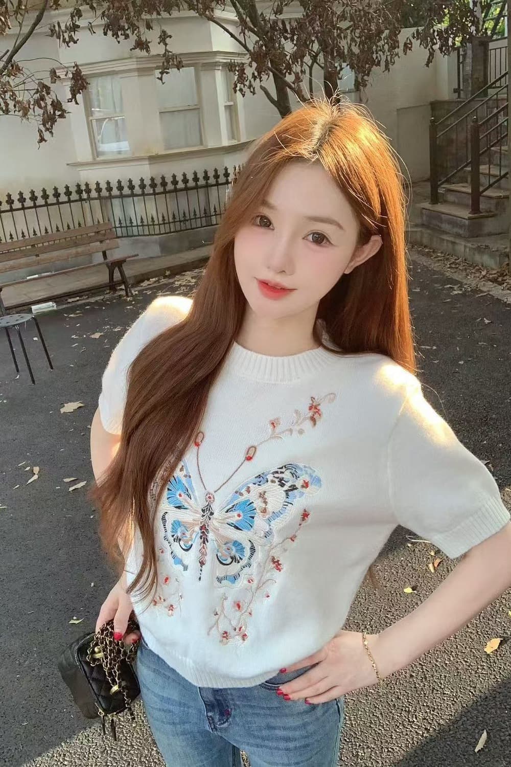 한 부서 분위기 센스 착용 가져 가라. 여름 새로운 얼음 실크 니트 품격 나비 프린트 무거운 작업 티셔츠 반팔 맨위 여성 이미지 6