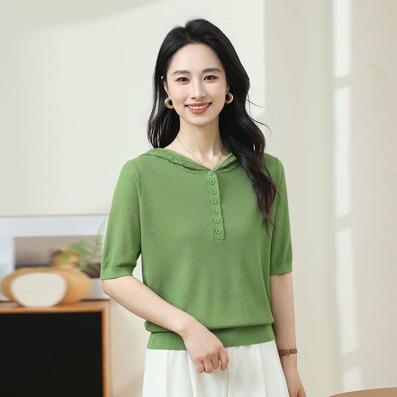 후드 반팔 새로운 여름 얇은 스타일 얼음 실크 니트 스웨터 캐주얼 외국 가스 모자 포함 다용도 디스플레이 루즈핏 연령 감소 맨위 상세 이미지 10
