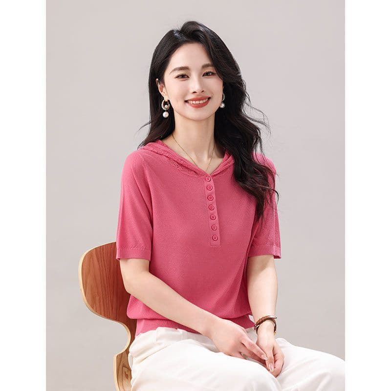 후드 반팔 새로운 여름 얇은 스타일 얼음 실크 니트 스웨터 캐주얼 외국 가스 모자 포함 다용도 디스플레이 루즈핏 연령 감소 맨위 상세 이미지 16
