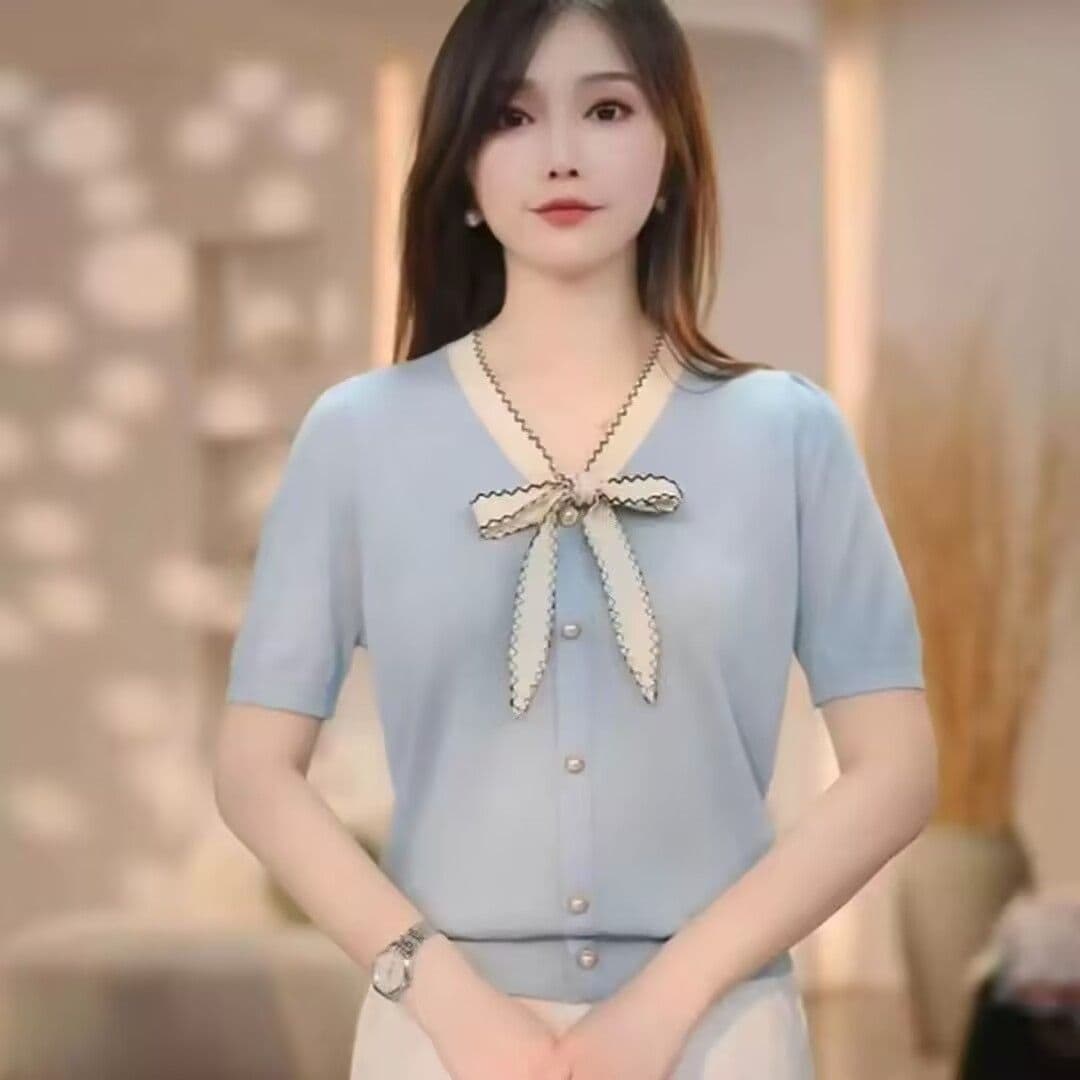 부드러운 프랑스식 여름 새로운 느긋한 슬림해 보이는 얼음 실크 니트 맨위 작은 샤넬 스타일 나비 매듭 V넥 반팔 티셔츠 여성 상세 이미지 20
