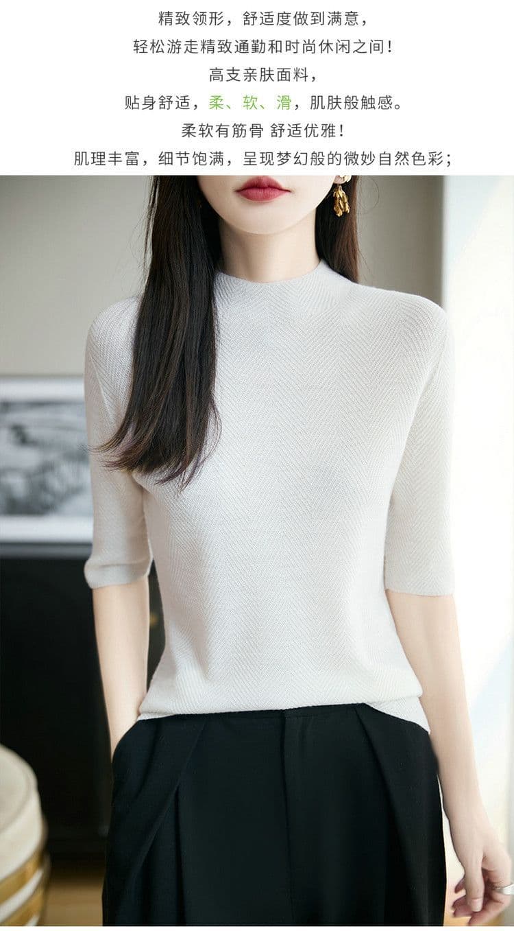 반하이넥 5 점 소매 약화 된 카디건 여성 무봉제 하나 몸매 가꾸기 얇은 스타일 니트 중간 소매 만나는 풀오버 상세 이미지 7