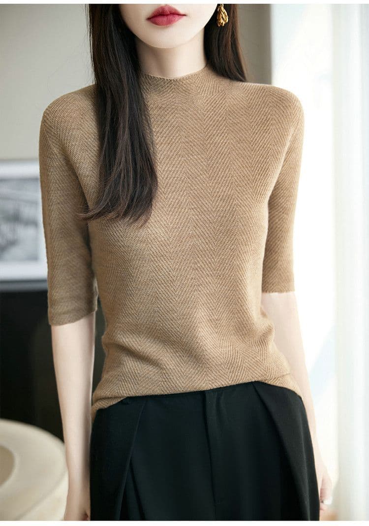 반하이넥 5 점 소매 약화 된 카디건 여성 무봉제 하나 몸매 가꾸기 얇은 스타일 니트 중간 소매 만나는 풀오버 상세 이미지 9