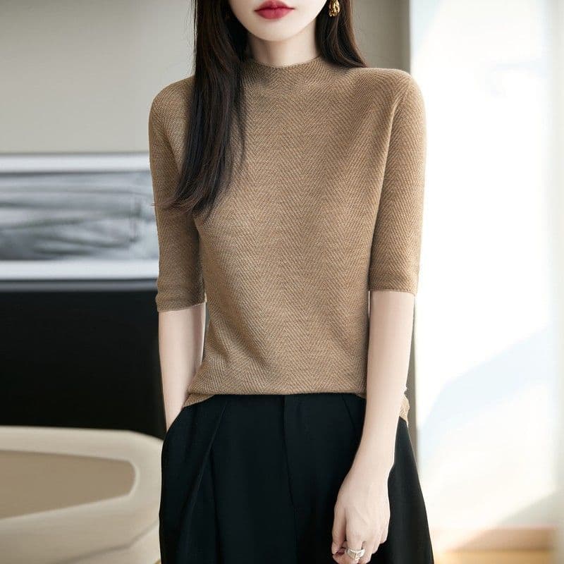 반하이넥 5 점 소매 약화 된 카디건 여성 무봉제 하나 몸매 가꾸기 얇은 스타일 니트 중간 소매 만나는 풀오버 상세 이미지 21