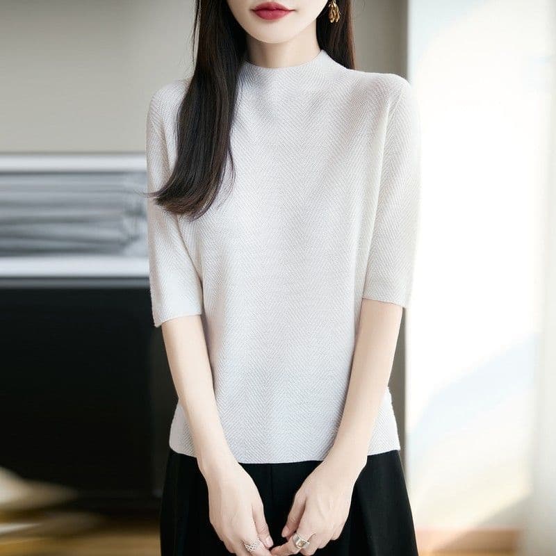 반하이넥 5 점 소매 약화 된 카디건 여성 무봉제 하나 몸매 가꾸기 얇은 스타일 니트 중간 소매 만나는 풀오버 상세 이미지 22