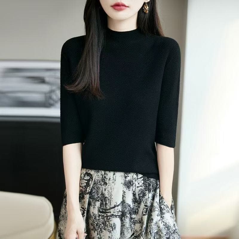 반하이넥 5 점 소매 약화 된 카디건 여성 무봉제 하나 몸매 가꾸기 얇은 스타일 니트 중간 소매 만나는 풀오버 상세 이미지 28