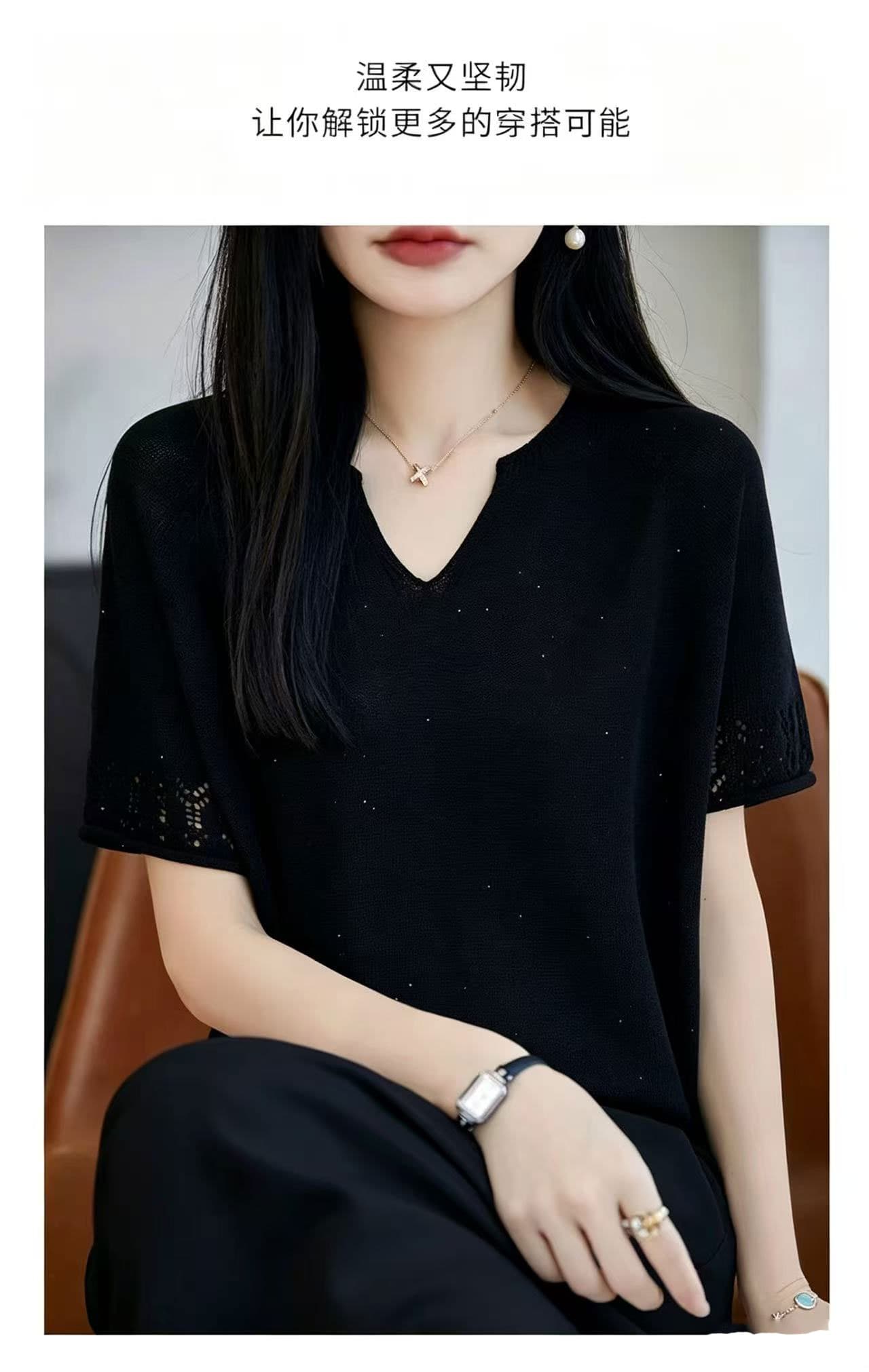 새로운 패션 V넥 밝은 구슬 조각 주간 실크 니트 반팔 반소매 루즈핏 홀로우 아웃 표지 고기 티셔츠 다용도 슬림해 보이는 맨위 상세 이미지 24