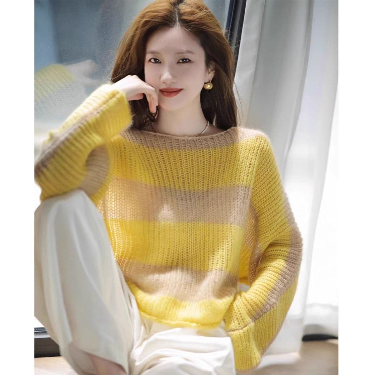봄 가을 새로운 배색 부드러운 찹쌀 스웨터 여자 연령 감소 외국 가스 패션 다용도 연령 감소 홀로우 아웃 외부 가져 가라. 니트 스웨터 맨위 상세 이미지 4