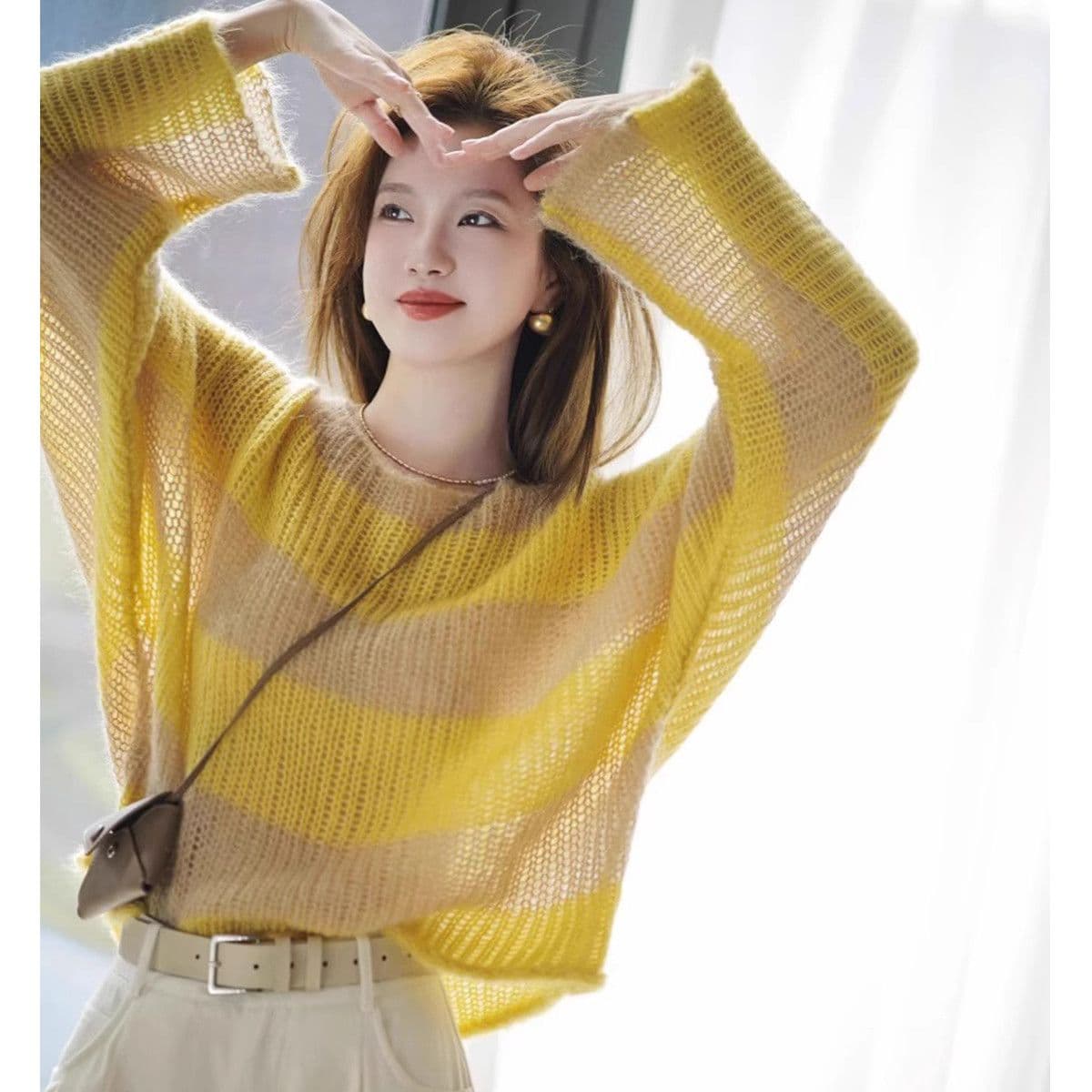 봄 가을 새로운 배색 부드러운 찹쌀 스웨터 여자 연령 감소 외국 가스 패션 다용도 연령 감소 홀로우 아웃 외부 가져 가라. 니트 스웨터 맨위 상세 이미지 6
