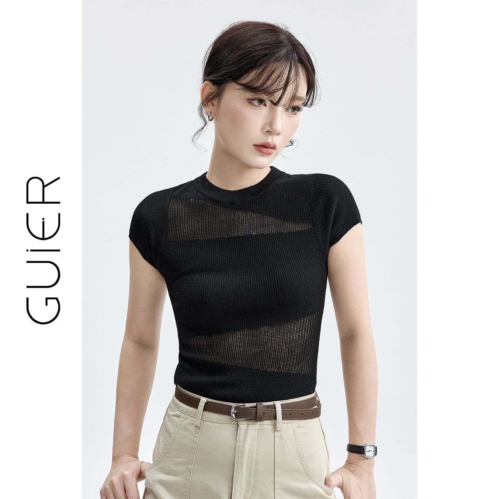 한 부서 작은 원 칼라 홀로우 아웃 얼음 실크 니트 반팔 여성 봄 여름 가을 몸매 가꾸기 달콤한 매운맛 긍정적 인 어깨 슬림해 보이는 티셔츠 맨위 여성 이미지 4