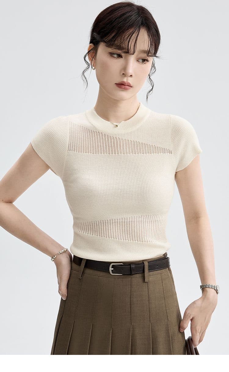 한 부서 작은 원 칼라 홀로우 아웃 얼음 실크 니트 반팔 여성 봄 여름 가을 몸매 가꾸기 달콤한 매운맛 긍정적 인 어깨 슬림해 보이는 티셔츠 맨위 여성 상세 이미지 34