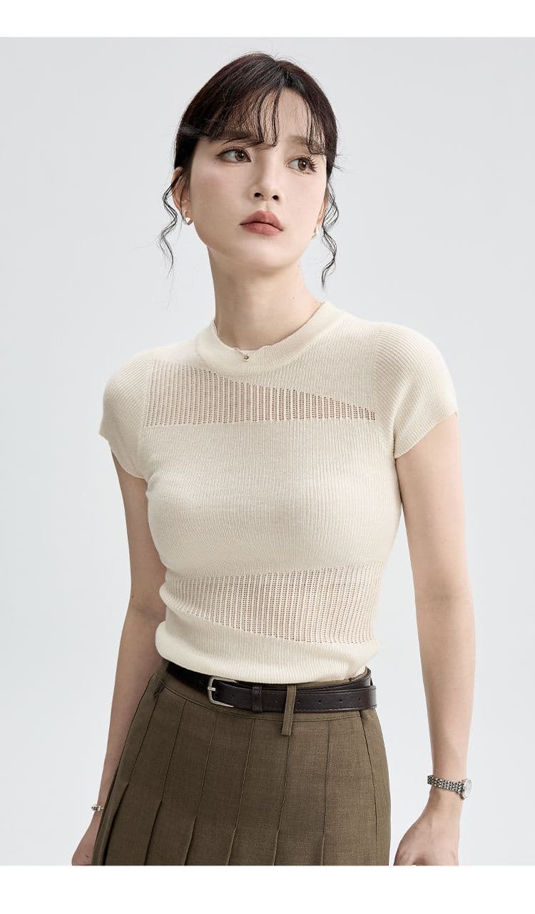 한 부서 작은 원 칼라 홀로우 아웃 얼음 실크 니트 반팔 여성 봄 여름 가을 몸매 가꾸기 달콤한 매운맛 긍정적 인 어깨 슬림해 보이는 티셔츠 맨위 여성 상세 이미지 38