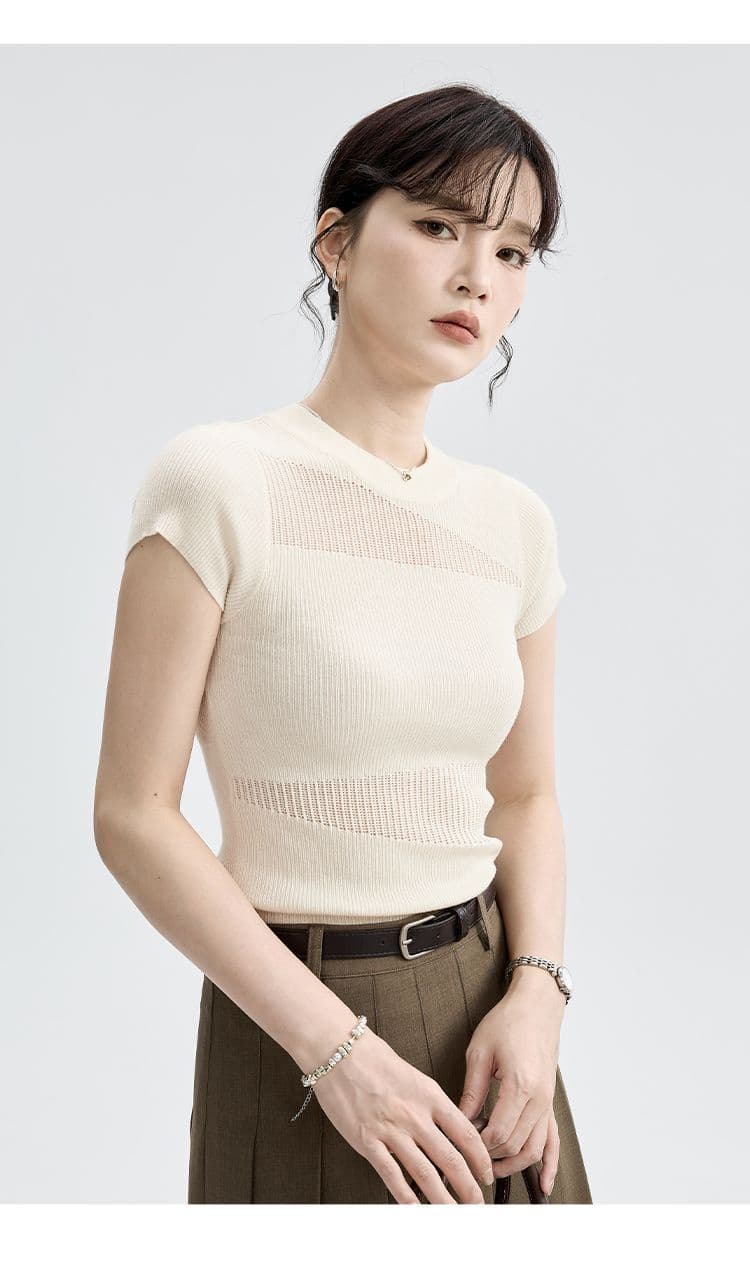 한 부서 작은 원 칼라 홀로우 아웃 얼음 실크 니트 반팔 여성 봄 여름 가을 몸매 가꾸기 달콤한 매운맛 긍정적 인 어깨 슬림해 보이는 티셔츠 맨위 여성 상세 이미지 40