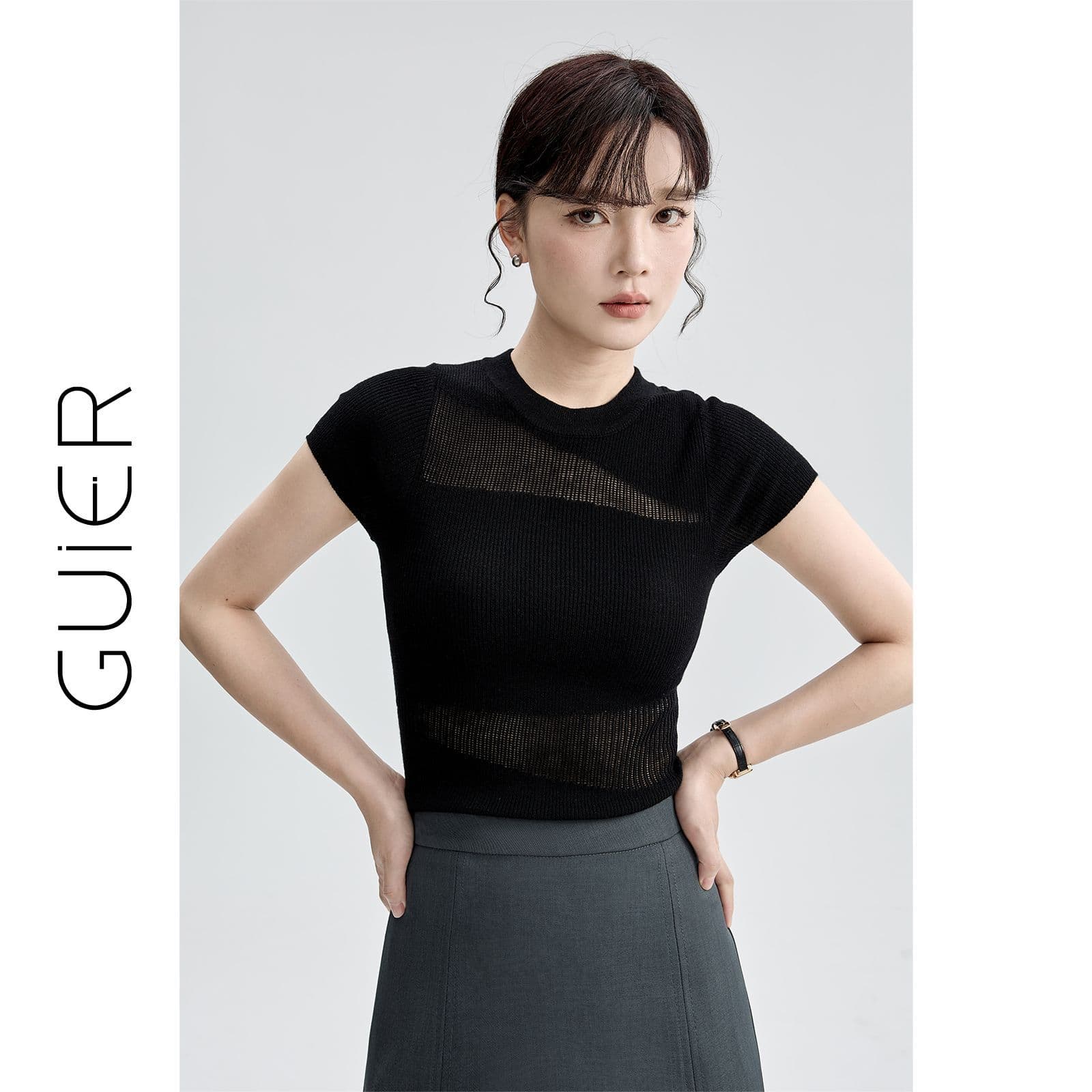 한 부서 작은 원 칼라 홀로우 아웃 얼음 실크 니트 반팔 여성 봄 여름 가을 몸매 가꾸기 달콤한 매운맛 긍정적 인 어깨 슬림해 보이는 티셔츠 맨위 여성 상세 이미지 44