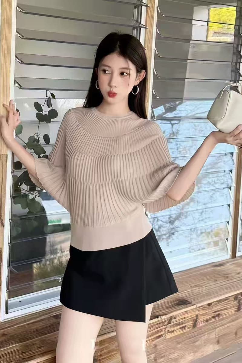 한국 스타일 디자인 센스 작은 대중 라운드 넥 반팔 니트 스웨터 여성 여름 새로운 허리 수축 슬림해 보이는 배트윙 소매 캐주얼 맨위 이미지 6