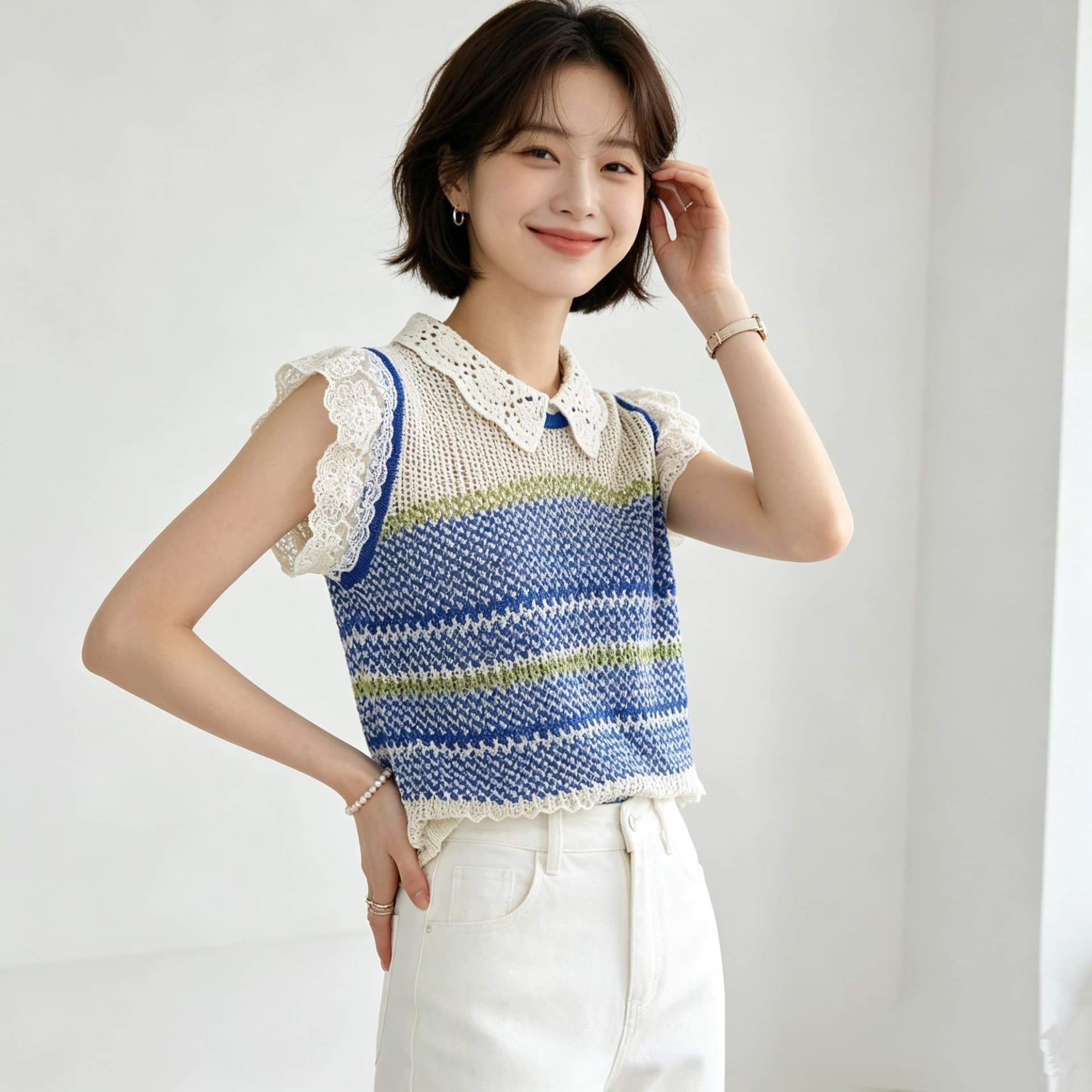 한 부서 레이스 칼라 배색 레이스 작은 날다 소매 주간 실크 아마 니트 스웨터 새로운 홀로우 아웃 슬림해 보이는 루즈핏 맨위 여성 이미지 4