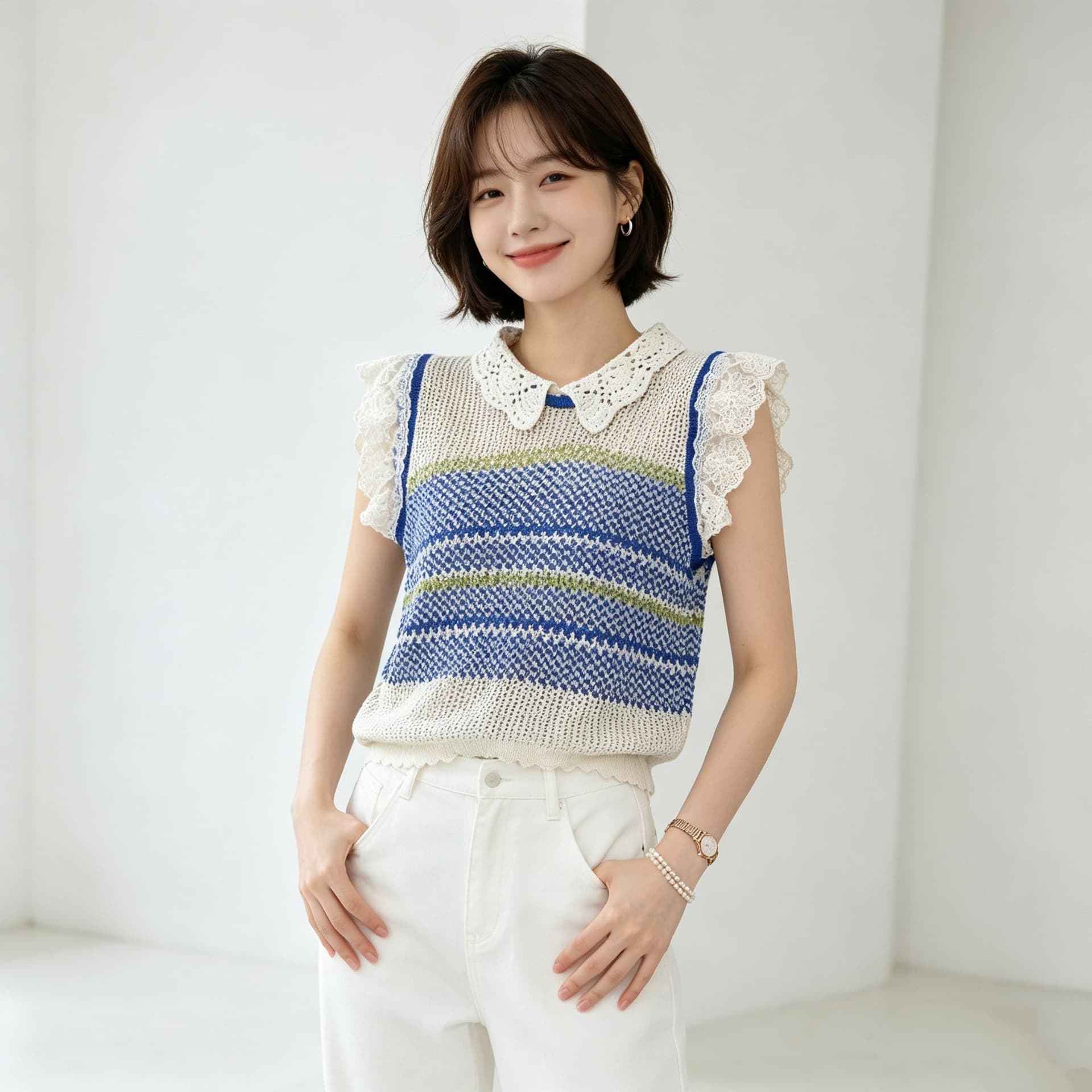 한 부서 레이스 칼라 배색 레이스 작은 날다 소매 주간 실크 아마 니트 스웨터 새로운 홀로우 아웃 슬림해 보이는 루즈핏 맨위 여성 상세 이미지 1