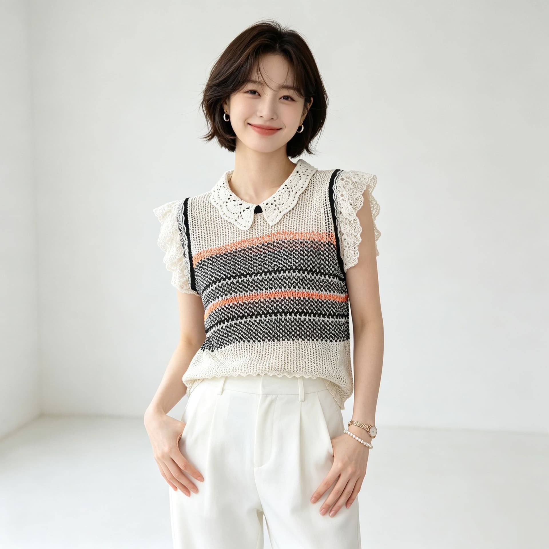 한 부서 레이스 칼라 배색 레이스 작은 날다 소매 주간 실크 아마 니트 스웨터 새로운 홀로우 아웃 슬림해 보이는 루즈핏 맨위 여성 상세 이미지 2