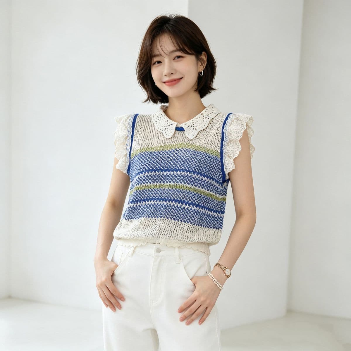 한 부서 레이스 칼라 배색 레이스 작은 날다 소매 주간 실크 아마 니트 스웨터 새로운 홀로우 아웃 슬림해 보이는 루즈핏 맨위 여성 상세 이미지 6