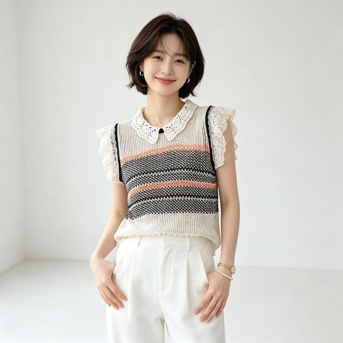 한 부서 레이스 칼라 배색 레이스 작은 날다 소매 주간 실크 아마 니트 스웨터 새로운 홀로우 아웃 슬림해 보이는 루즈핏 맨위 여성 상세 이미지 8