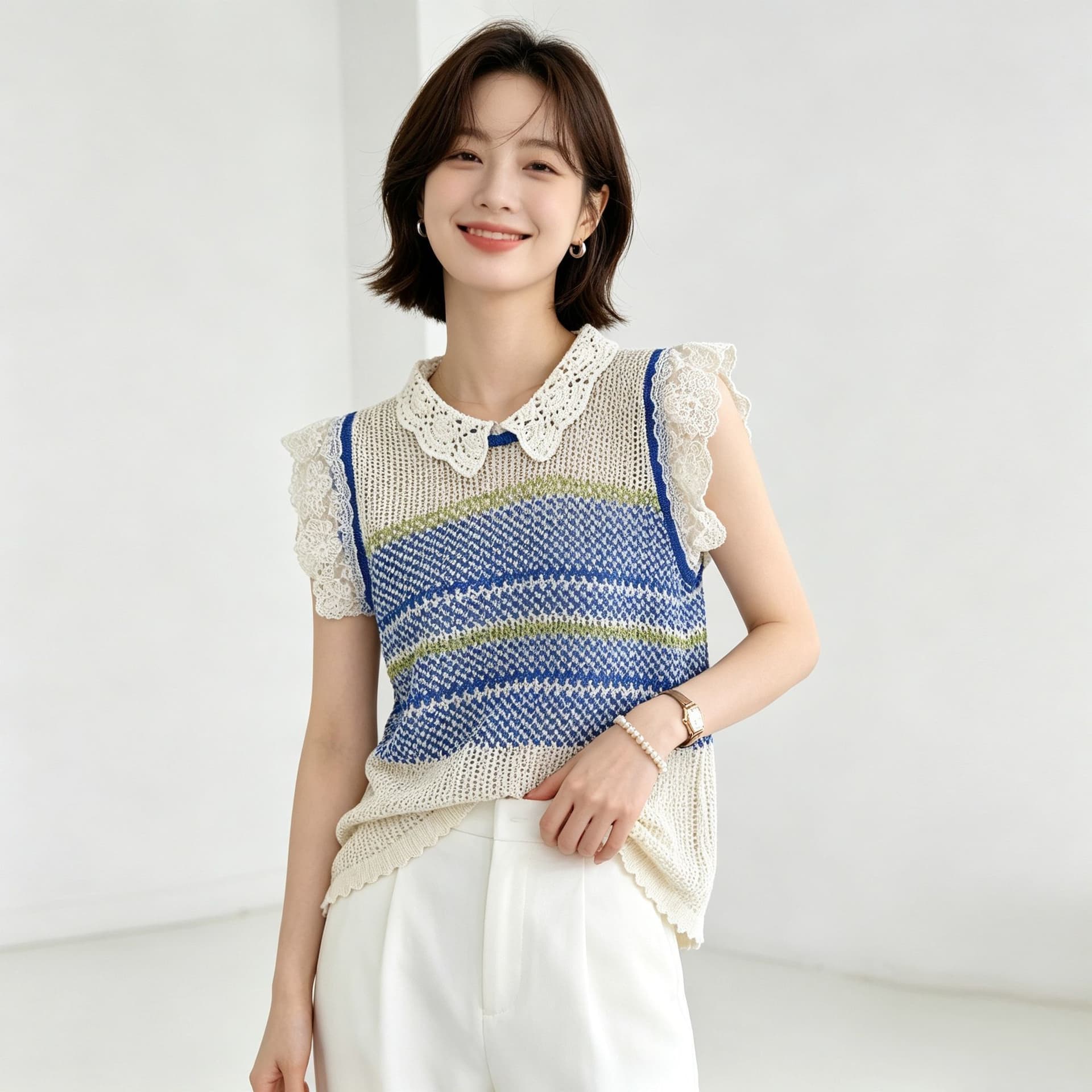 한 부서 레이스 칼라 배색 레이스 작은 날다 소매 주간 실크 아마 니트 스웨터 새로운 홀로우 아웃 슬림해 보이는 루즈핏 맨위 여성 상세 이미지 15