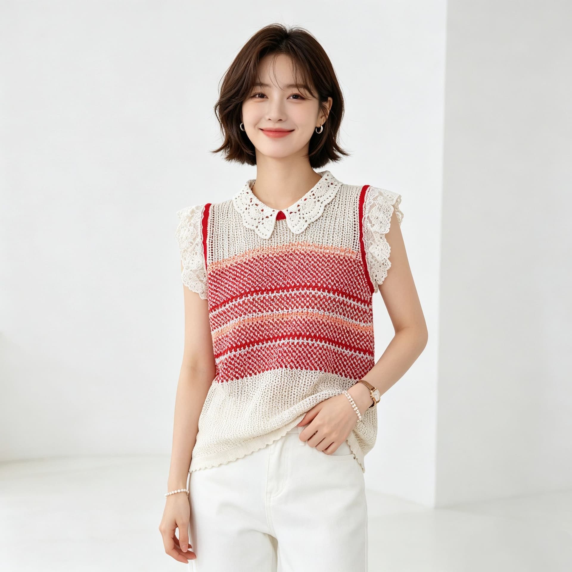 한 부서 레이스 칼라 배색 레이스 작은 날다 소매 주간 실크 아마 니트 스웨터 새로운 홀로우 아웃 슬림해 보이는 루즈핏 맨위 여성 상세 이미지 21