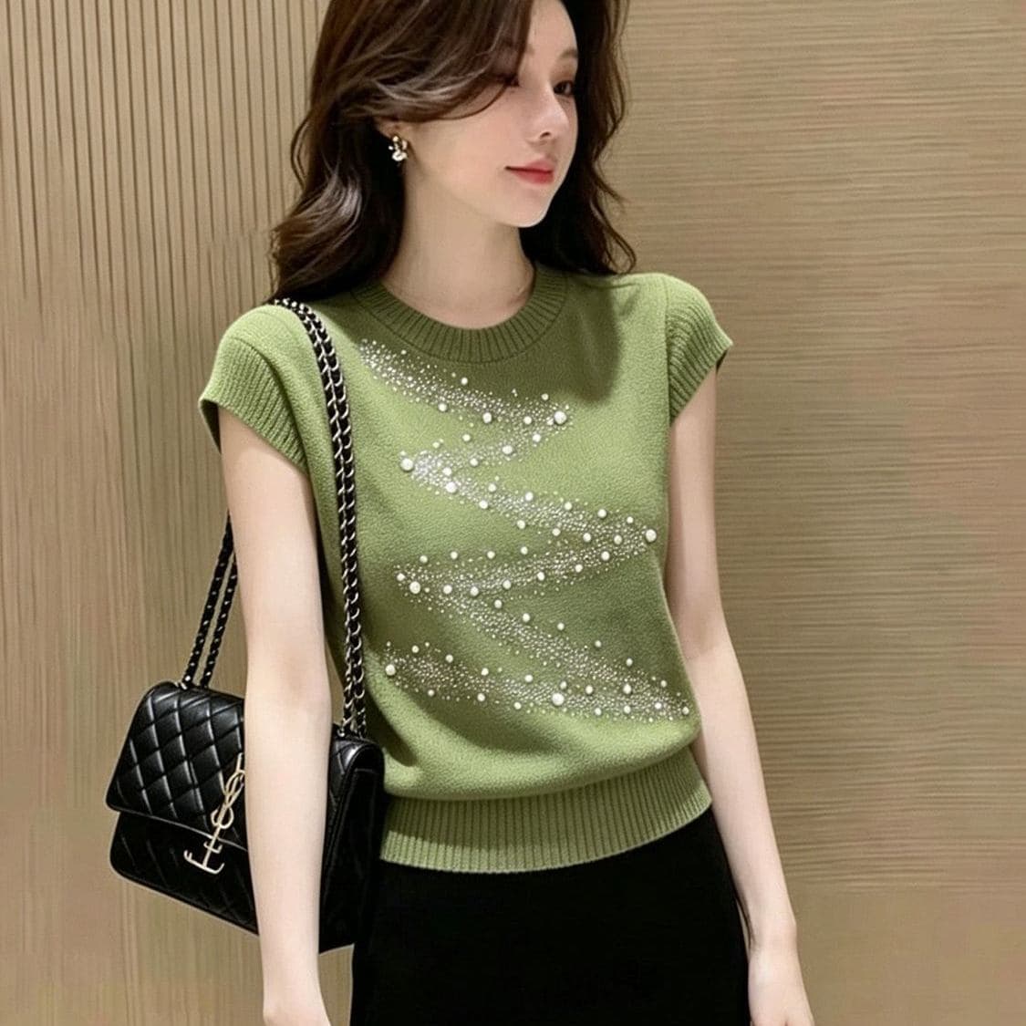한 부서 진주 Feifei 소매 얼음 실크 니트 스웨터 여름 새로운 라운드 넥 패션 다용도 부드러운 찹쌀 편안함 연령 감소 맨위 이미지 2