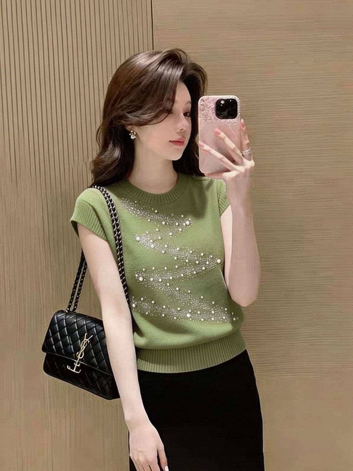 한 부서 진주 Feifei 소매 얼음 실크 니트 스웨터 여름 새로운 라운드 넥 패션 다용도 부드러운 찹쌀 편안함 연령 감소 맨위 상세 이미지 12