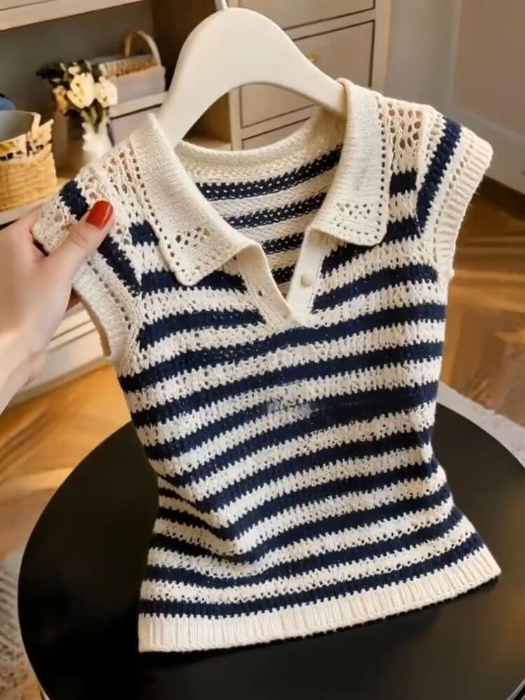 한 부서 POLO 칼라 Feifei 소매 6 양모 니트 스웨터 여성 여름 한국 스타일 홀로우 아웃 몸매 가꾸기 슬림해 보이는 다용도 연령 감소 맨위 상세 이미지 6
