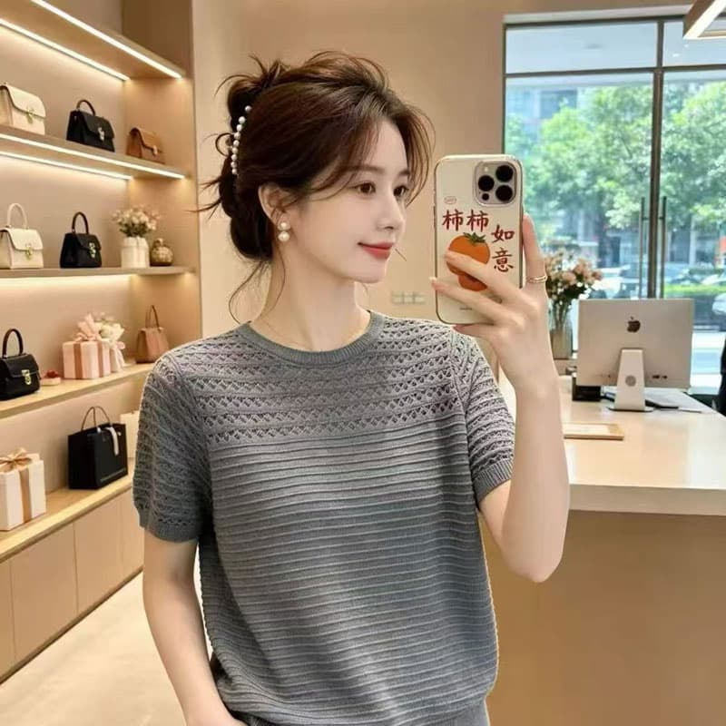 라이 경기 서울 주간 실크 니트 반팔 여성 라운드 넥 홀로우 아웃 엠보싱 질감 루즈핏 통기성 얇은 스타일 연령 감소 슬림해 보이는 맨위 상세 이미지 4