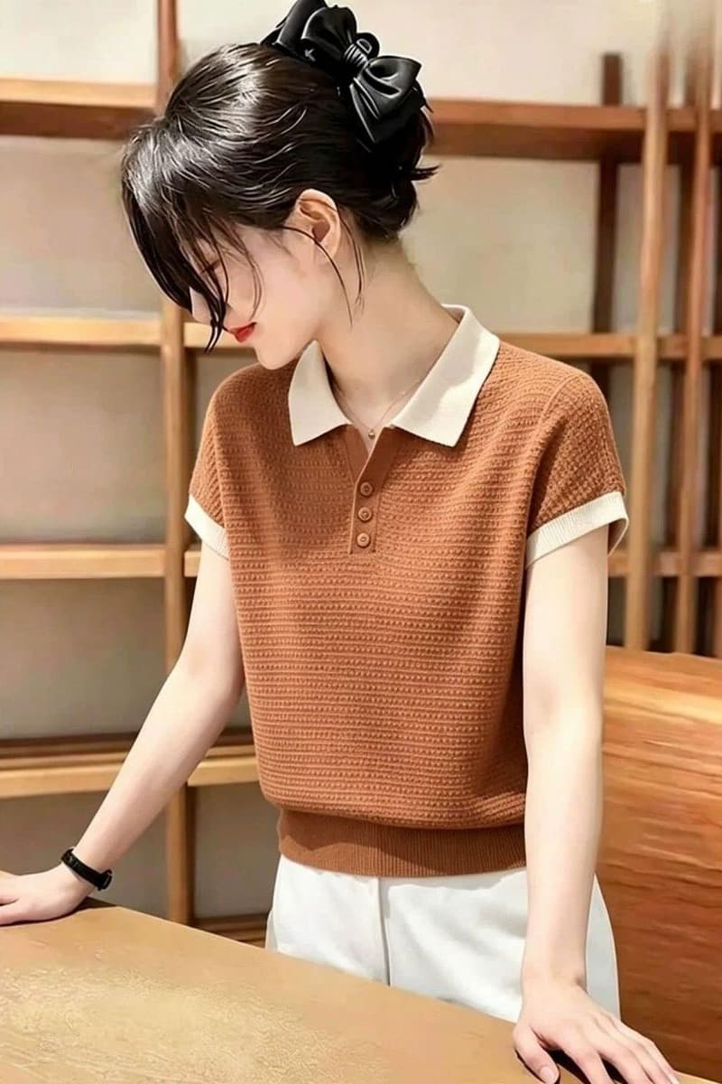 프랑스식 연령 감소 절묘한 한 부서 고급 패션 다용도 캐주얼 슬림해 보이는 여름 새로운 얼음 실크 니트 맨위 여성 이미지 6