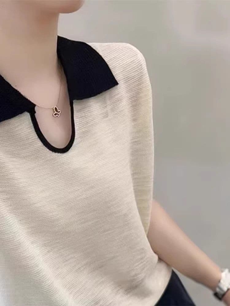 폴로 칼라 배색 얇은 스타일 얼음 실크 니트 반팔 티셔츠 여성 새로운 여름 고급 센스 긍정적 인 어깨 Chic 품격 맨위 상세 이미지 6