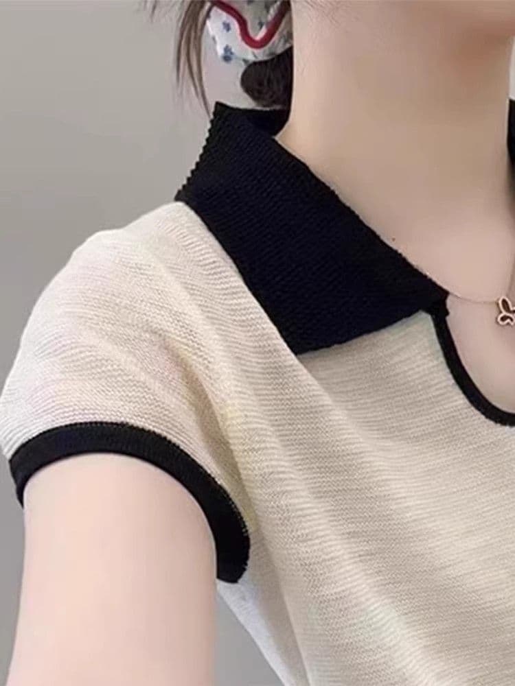 폴로 칼라 배색 얇은 스타일 얼음 실크 니트 반팔 티셔츠 여성 새로운 여름 고급 센스 긍정적 인 어깨 Chic 품격 맨위 상세 이미지 8