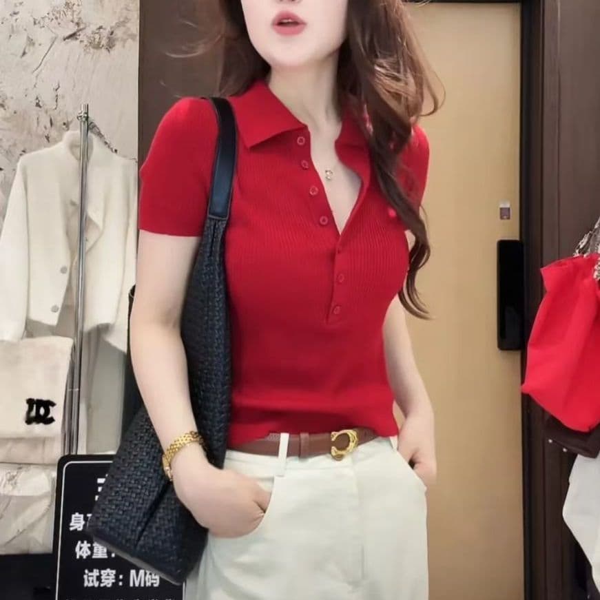 프랑스식 폴로 칼라 긍정적 인 어깨 POLO 칼라 캐주얼 미니멀리즘 얼음 실크 니트 반팔 티셔츠 여성 여름 새로운 몸매 가꾸기 맨위 이미지 4