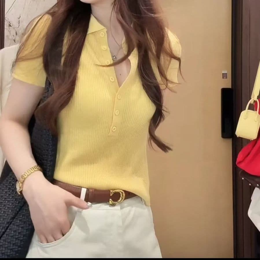 프랑스식 폴로 칼라 긍정적 인 어깨 POLO 칼라 캐주얼 미니멀리즘 얼음 실크 니트 반팔 티셔츠 여성 여름 새로운 몸매 가꾸기 맨위 이미지 3
