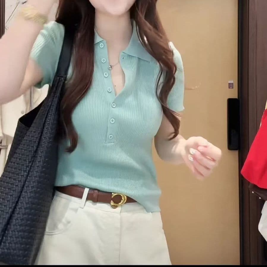 프랑스식 폴로 칼라 긍정적 인 어깨 POLO 칼라 캐주얼 미니멀리즘 얼음 실크 니트 반팔 티셔츠 여성 여름 새로운 몸매 가꾸기 맨위 이미지 2