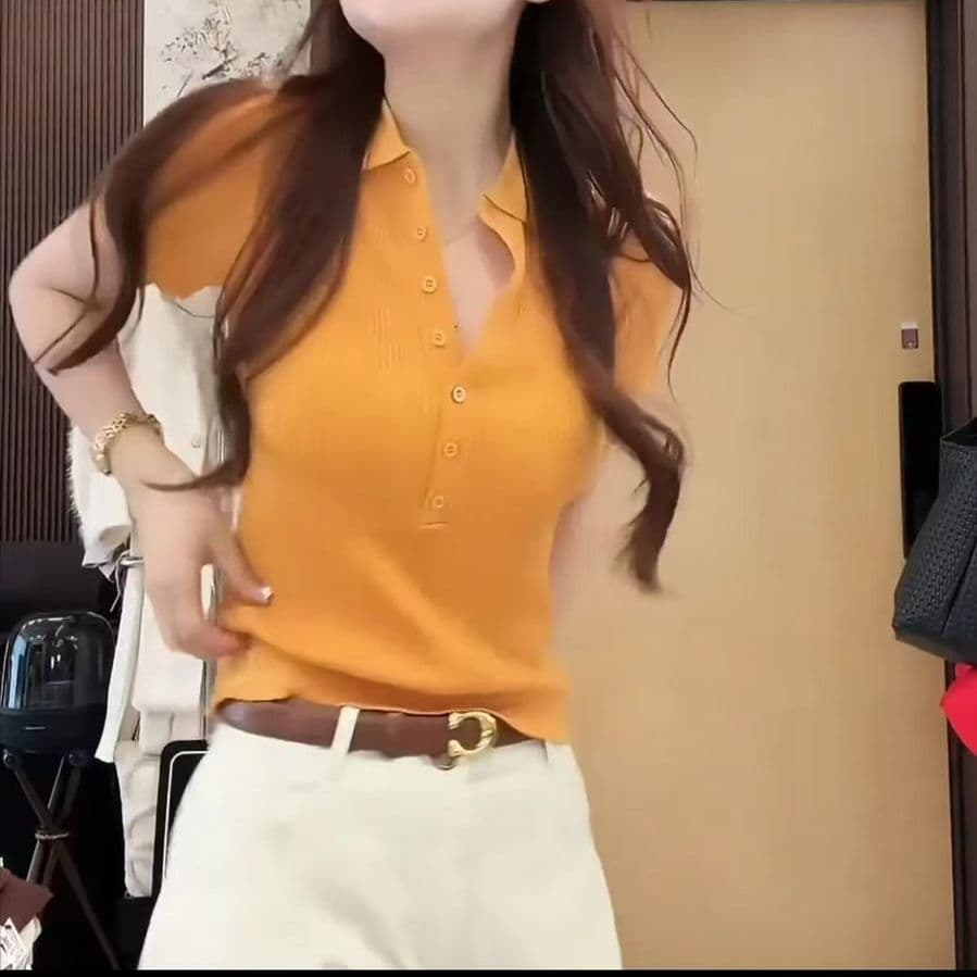 프랑스식 폴로 칼라 긍정적 인 어깨 POLO 칼라 캐주얼 미니멀리즘 얼음 실크 니트 반팔 티셔츠 여성 여름 새로운 몸매 가꾸기 맨위