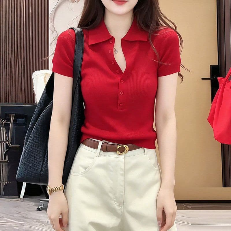 프랑스식 폴로 칼라 긍정적 인 어깨 POLO 칼라 캐주얼 미니멀리즘 얼음 실크 니트 반팔 티셔츠 여성 여름 새로운 몸매 가꾸기 맨위 상세 이미지 6