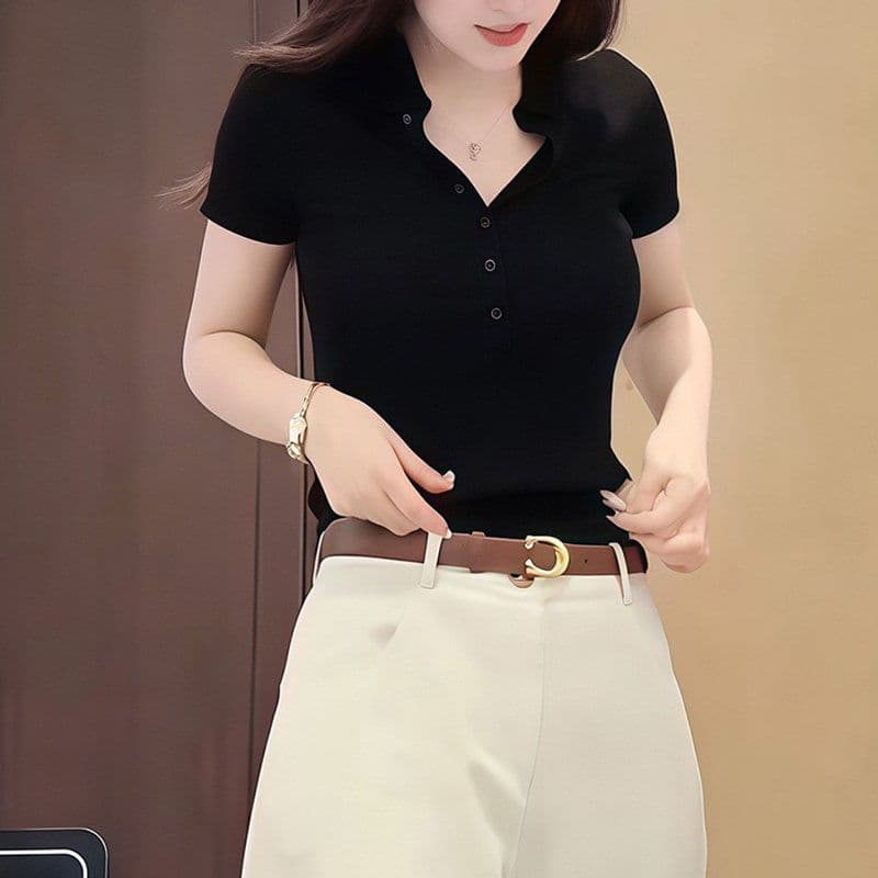 프랑스식 폴로 칼라 긍정적 인 어깨 POLO 칼라 캐주얼 미니멀리즘 얼음 실크 니트 반팔 티셔츠 여성 여름 새로운 몸매 가꾸기 맨위 상세 이미지 8