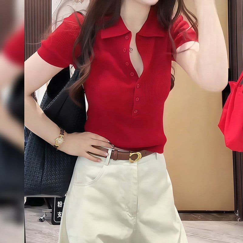 프랑스식 폴로 칼라 긍정적 인 어깨 POLO 칼라 캐주얼 미니멀리즘 얼음 실크 니트 반팔 티셔츠 여성 여름 새로운 몸매 가꾸기 맨위 상세 이미지 16