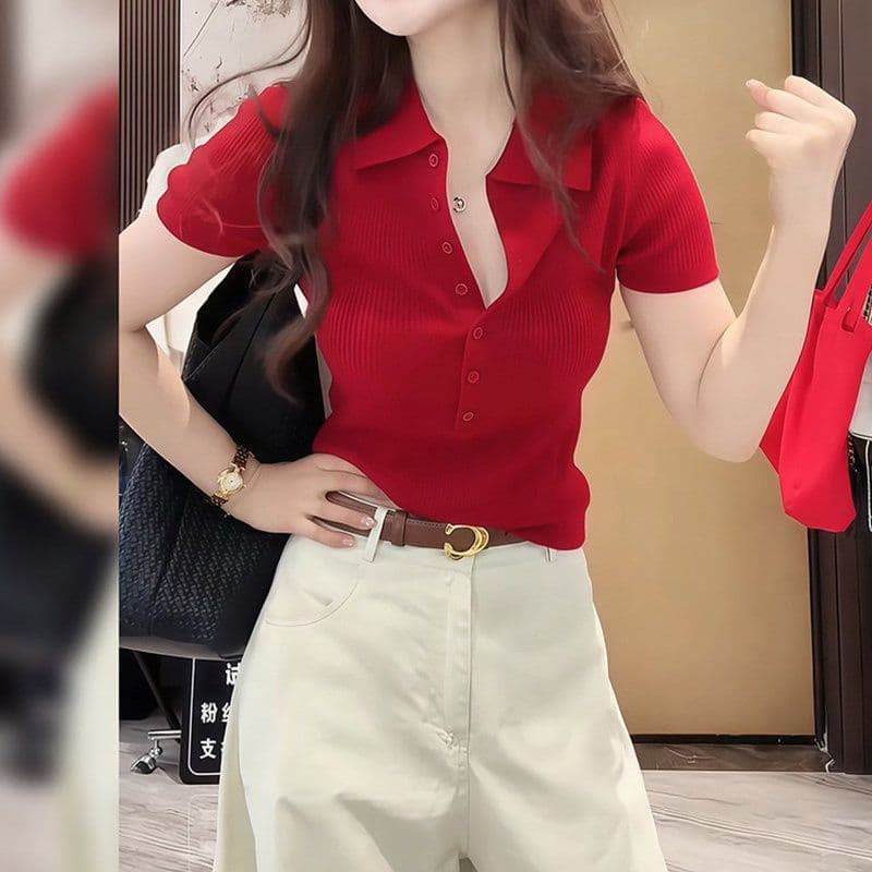 프랑스식 폴로 칼라 긍정적 인 어깨 POLO 칼라 캐주얼 미니멀리즘 얼음 실크 니트 반팔 티셔츠 여성 여름 새로운 몸매 가꾸기 맨위 상세 이미지 17
