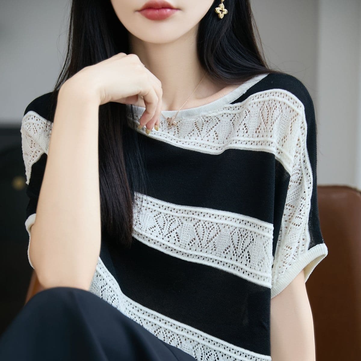 한 부서 다용도 연령 감소 주간 실크 니트 패션 홀로우 아웃 라운드 넥 반팔 여성 여름 새로운 얇고 가벼운 맨위 여성 상세 이미지 28